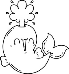 illustration of a traditional black line work tattoo style happy squirting whale character