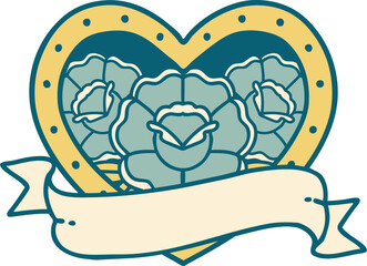 iconic tattoo style image of a heart and banner with flowers