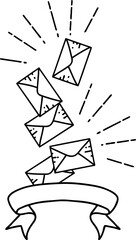 scroll banner with black line work tattoo style falling letters