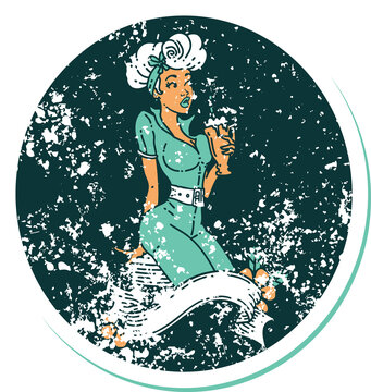 distressed sticker tattoo in traditional style of a pinup girl drinking a milkshake with banner