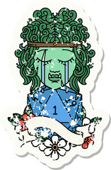 grunge sticker of a crying orc barbarian character face with natural one roll