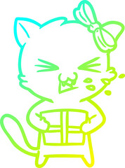 cold gradient line drawing of a cartoon cat