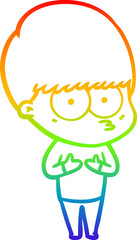 rainbow gradient line drawing of a nervous cartoon boy