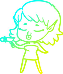 cold gradient line drawing of a pretty cartoon alien girl with ray gun