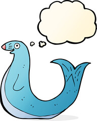 cartoon happy seal with thought bubble