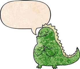 cartoon dinosaur with speech bubble in retro texture style