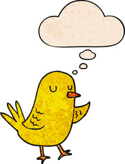 cartoon bird with thought bubble in grunge texture style