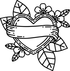 tattoo in black line style of a heart and banner