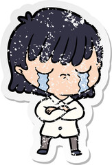 distressed sticker of a cartoon woman crying
