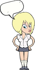 cartoon woman with hands on hips with speech bubble