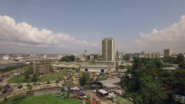 Port district in Douala Cameroon. Drone view
