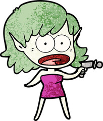 cartoon shocked alien girl with ray gun