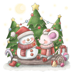 A watercolor painting of a white mouse and a snowman sitting on a log cake amid a beautifully decorated Christmas tree.