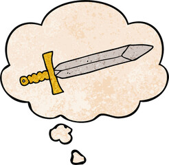 cartoon sword with thought bubble in grunge texture style