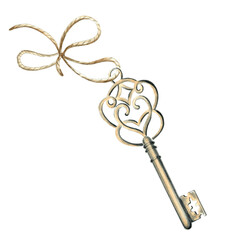 Watercolor old vintage key with a rope and bow. Template illustration of antique metal object. Hand drawn isolated illustration for invitation and cards, printing on packaging and textiles, stickers