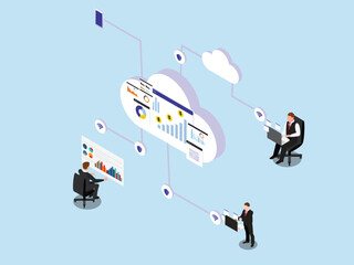 Business people using laptop and working on a cloud computing 3d isometric vector concept for landing page, banner, illustration