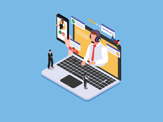 Concept customer and operator, online technical support 24-7 3d isometric vector concept for landing page, banner, illustration