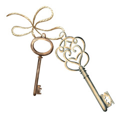 Watercolor two old keys on a string with a bow. Retro illustration template of vintage metal objects. Hand drawn isolated illustration for cards, printing on packaging and textiles, making stickers