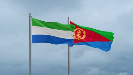 Eritrea and Sierra Leone flag waving together on cloudy sky, endless seamless loop, two country cooperation concept