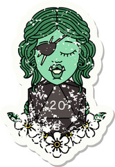 grunge sticker of a half orc rogue with natural twenty dice roll