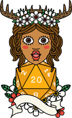 Retro Tattoo Style human druid with natural twenty dice roll