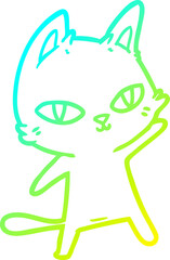 cold gradient line drawing of a cartoon cat staring