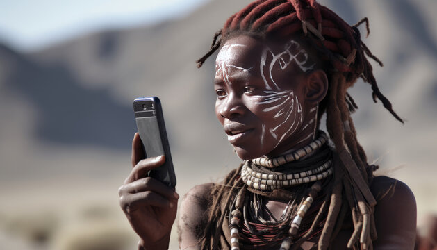 Serenely smiling Himba woman, gracefully blending modernity with tradition Generative ai