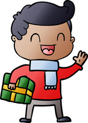 cartoon laughing man holding gift