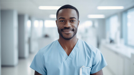 Portrait of a black nurse doctor man looking at the camera with a smile on a white bright blurred hospital background