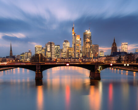Downtown Frankfurt city skyline, cityscape of Germany at sunset