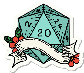 sticker of a natural twenty D20 dice roll