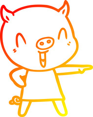 warm gradient line drawing of a happy cartoon pig in dress
