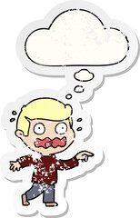 cartoon stressed out pointing with thought bubble as a distressed worn sticker