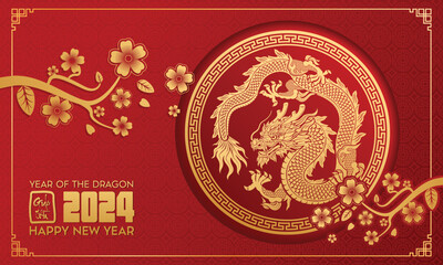 Lunar New Year themed paper graphic with oriental peach blossoms and 2024 dragon (Translation : Happy new year )	 - obrazy, fototapety, plakaty