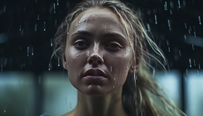 Wet-haired Scandinavian beauty under umbrella, raw and captivating