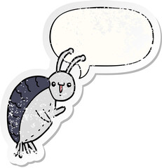 cartoon beetle with speech bubble distressed distressed old sticker