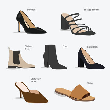 Ladie's footwear set. women's footwear different types, trendy casual, stylish elegant glamour and formal shoes cartoon vector side view set. Shoes set. Boots. Heels. Strapy shoes. Block. Slides.