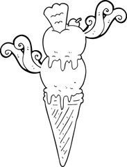 freehand drawn black and white cartoon ice cream cone