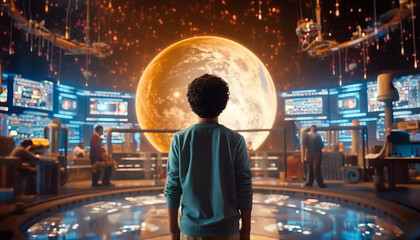Young Middle Eastern boy explores space science exhibition on a school trip Generative AI. - obrazy, fototapety, plakaty