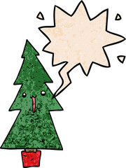 cartoon christmas tree with speech bubble in retro texture style