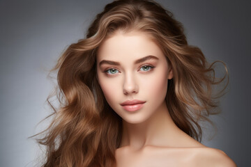 Naklejka premium Portrait of a cute brown haired girl with well-groomed facial skin on a gray background.