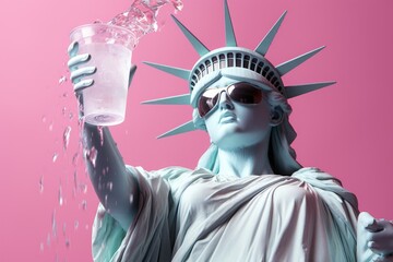 Fototapeta premium Sculpture of the statue of liberty wearing sunglasses is refreshed by cold water on a pink background.