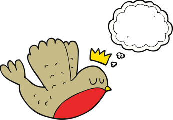 freehand drawn thought bubble cartoon flying christmas robin with crown