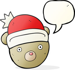 freehand drawn speech bubble cartoon teddy bear wearing christmas hat
