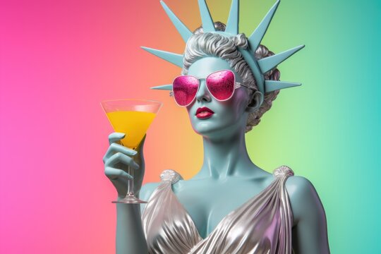 Portrait of the statue of liberty wearing pink sunglasses with a glass of yellow cocktail in hand on a pink and blue pastel background.