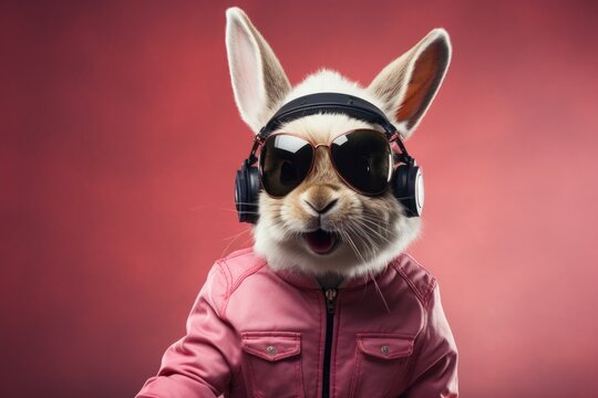 Funny hare in pink jacket wearing sunglasses with headphones on pink background.