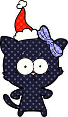 hand drawn comic book style illustration of a cat wearing santa hat