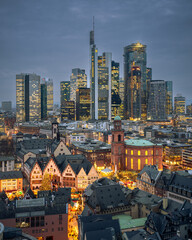 Frankfurt am Main city view with modern architecture and Romerberg
