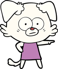 nervous cartoon dog in dress pointing