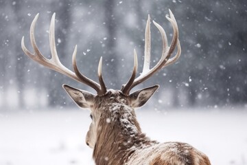 focused shot of the deer in the snow fall